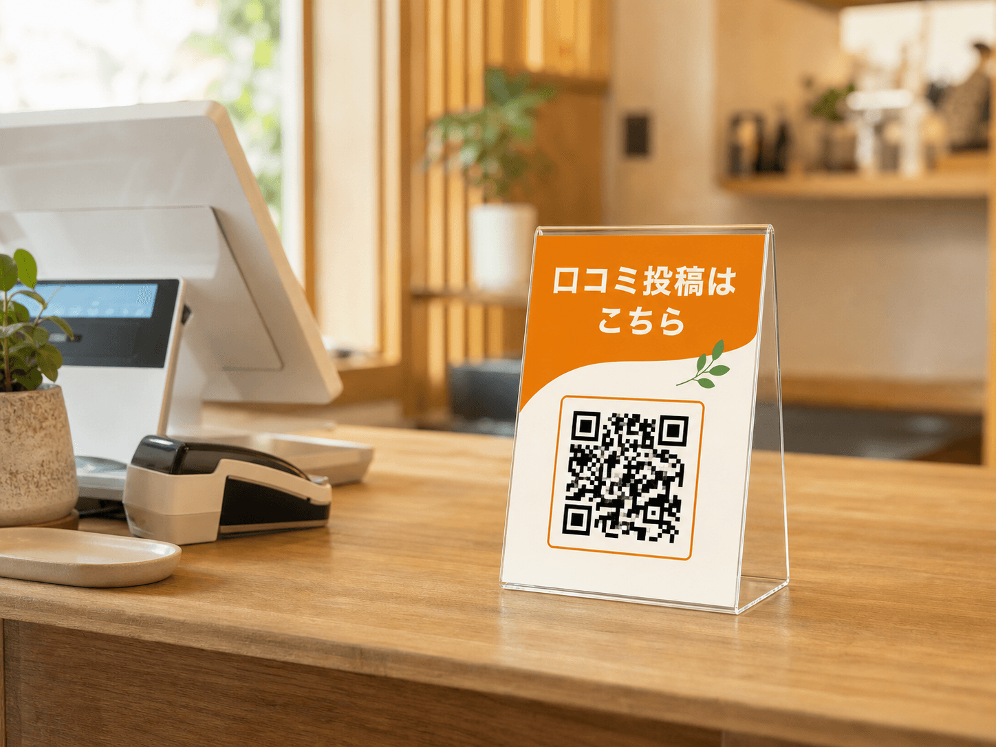店舗のレジ横に口コミ投稿用QRコードの案内スタンドを設置したイメージ
